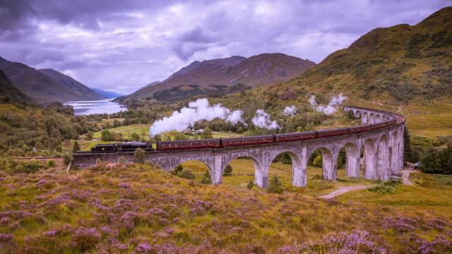 The Jacobite steam train crossing the Glenfinnan viaduct