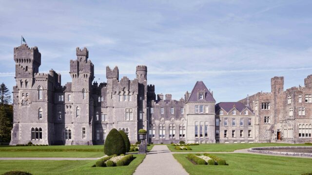 An exterior image of a castle hotel near Cong in Co. Mayo, Ireland.