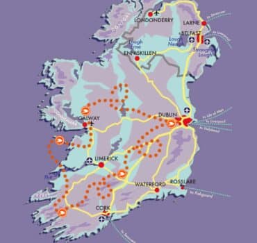 A map of Ireland that shows the route of tour operator McKinlay Kidd's premier Ireland tour