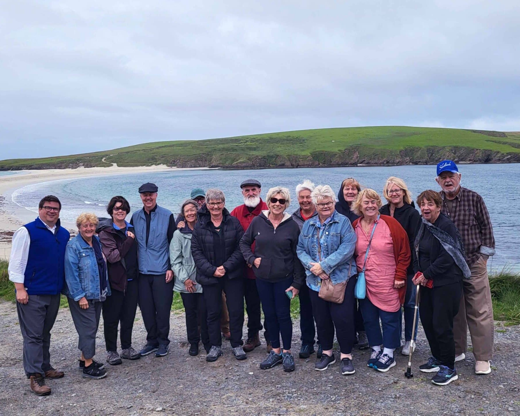 A McKinlay Kidd tour group at St Ninian's beach in Shetland