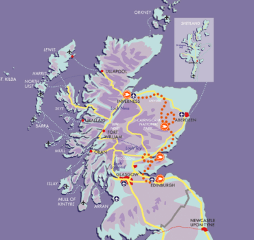 A map showing the McKinlay Kidd holiday route from Edinburgh to Inverness