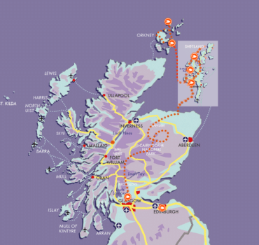 A map showing the McKinlay Kidd holiday route from Glasgow to Orkney and Shetland